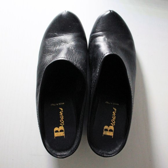 Black Leather Shoes Slip On Mule Wedge Heel Clog Browns Booties Italy Size 6.5 - Picture 2 of 7